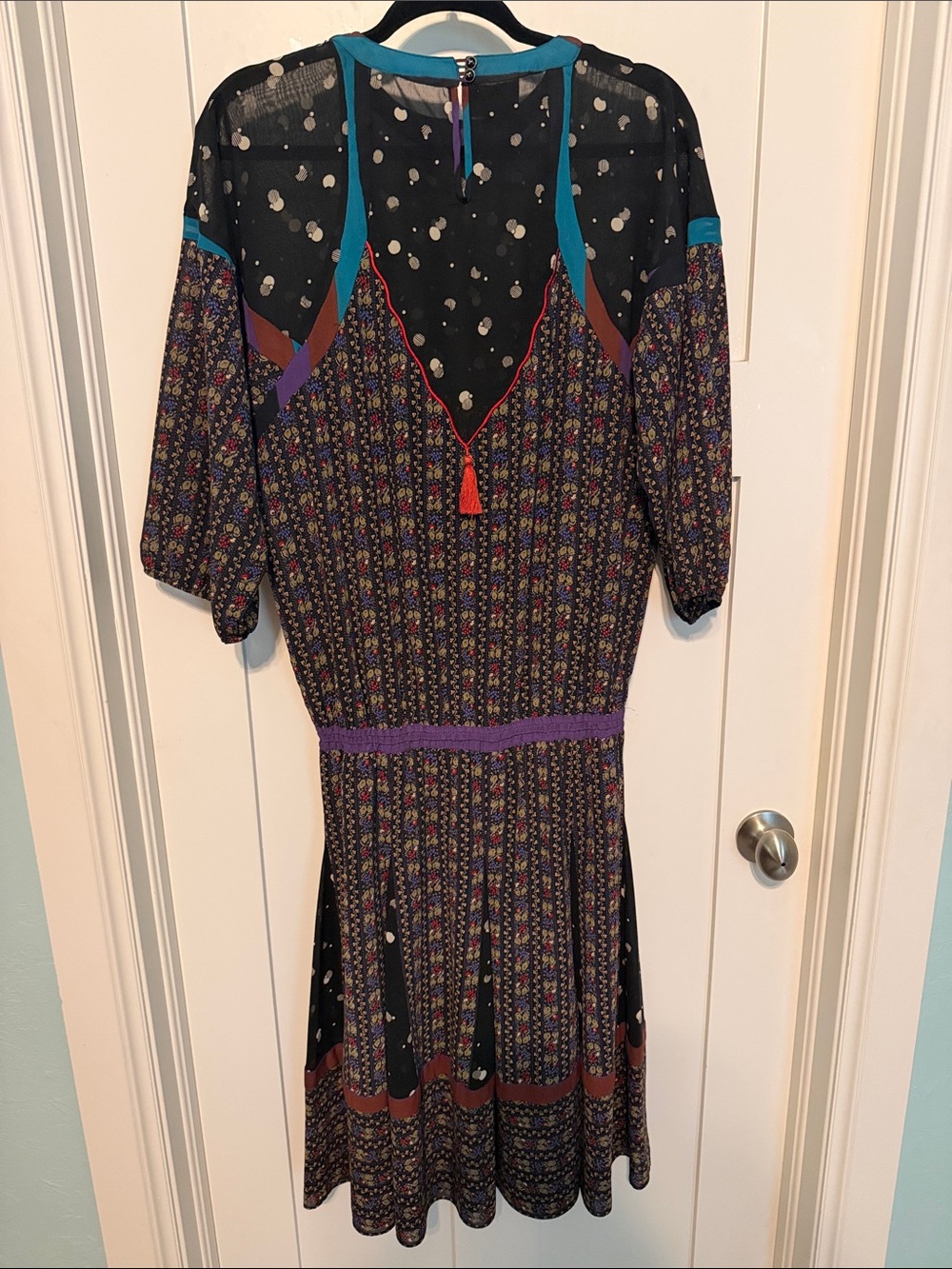 Diane Freis 80s Vintage Bohemian Black Ditzy Floral Midi Dress with Purple Trim - Picture 4 of 10